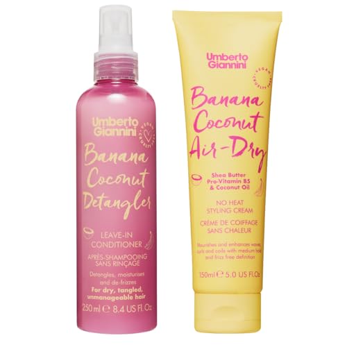 Umberto Giannini Banana Coconut Air Dry Cream Curl Cream 150ml and Banana Coconut Detangler Lightweight Detangler - Leave in Conditioning Spray 250ml