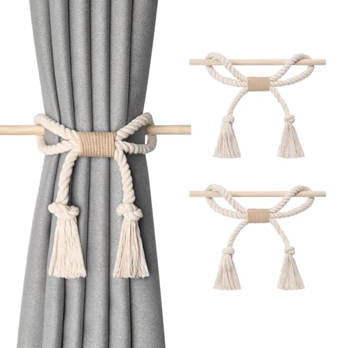 Pretty Jolly 2 Pack Natural Cotton Rope Curtain Tiebacks Boho Rustic Style Decorative Drape Tie Backs Farmhouse Hand-Woven Curtain Holdbacks with Wood Club for Home Office Drapery (Cotton knot-Beige)