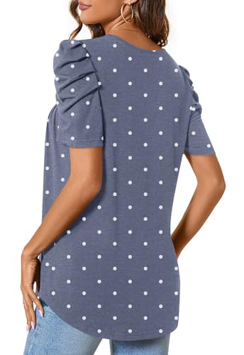Anydeer Women Tunic Top Summer Short Puff Sleeve Chest Pleated Tshirts Casual Round Neck Blouse Loose Tee3