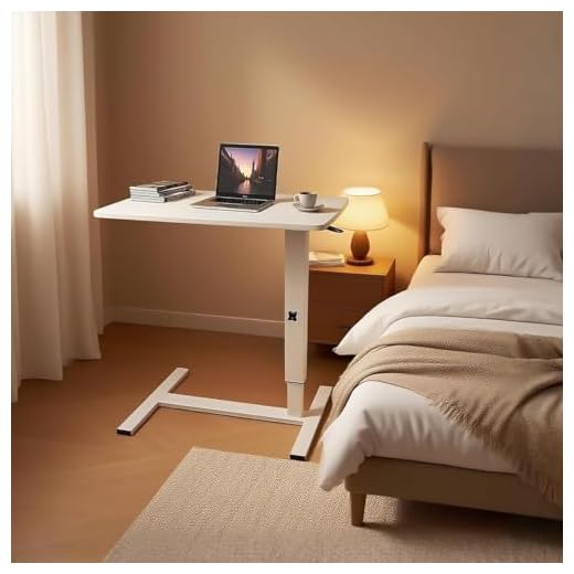 WUDLEP Pneumatic Adjustable Overbed Table with Hidden Casters, Mobile Laptop Desk and Computer Cart, 70-95cm Height-Adjustable, Hospital Bed End Table, for Bedroom and Living Room, White
