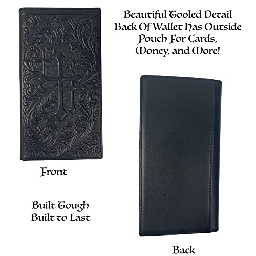 Urbalabs Western Cowboy Leather Long Wallets for Men Checkbook Tooled Wallet Tri Cross Bifold Long Cowboys Billfold Hand Stitched Rodeo RFID Blocking Mens Long Wallet Rodeo Style Cowboy Up (Black) - Image 4