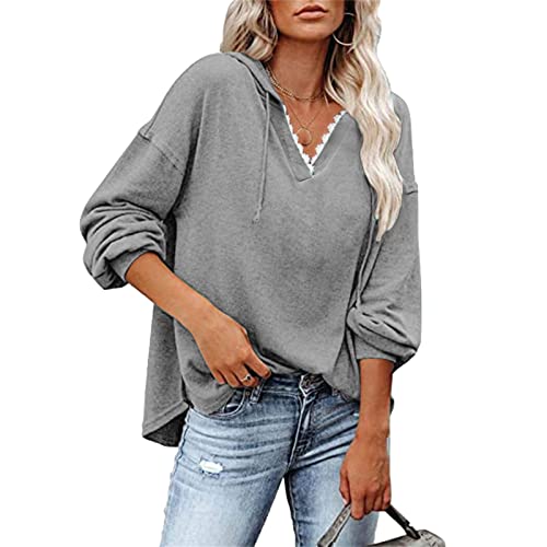 DGHM-JLMY Women's Solid Lace V-Neck Loose Hoodie Lace Pullover Sweatshirts Hoodies Tops Long Sleeve Casual Drawstring (Gray,X-Large)
