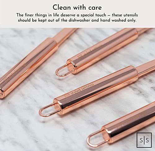 Image of Copper Cooking Utensils Set - Rose Gold Kitchen Serving Tools, 5 PCS Stainless Steel: Ladle, Spoon, Pasta Fork, Spatula, Skimmer