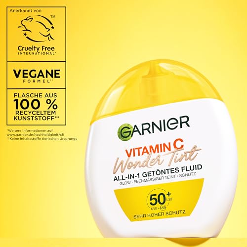 Garnier Vitamin C Wonder Tint All-In-1 Getöntes Fluid Hell, Skin Tint mit LSF 50+, Getönte Tagescreme für strahlenden Glow & ebenmäßigen Teint, Feuchtigkeitspflege mit Niacinamid & 5% Glycerin, 40ml