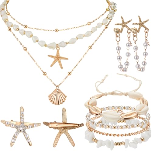 Tondiamo 11 Pcs Mermaid Costume Jewelry Set Mermaid Accessories Women with Seashell Starfish Necklace Earrings Ankle Bracelet Hair Clips Set 14k Gold Summer Beach Tropical Vacation Outfits