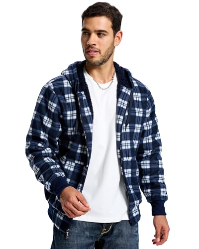 Image of TanBridge Plaid Flannel Hoodie Sherpa Fleece Lined Shirt Jacket Cotton Hoodies Zip Up Winter Warm Coat