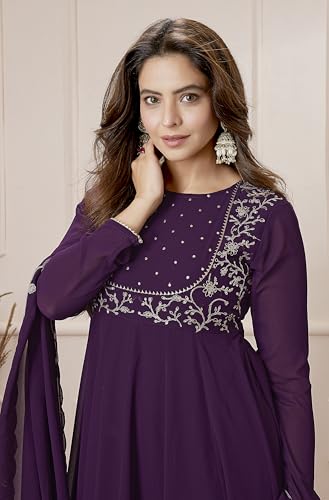 Image of Janasya Women Georgette Embroidered Kurta with Palazzo & Dupatta Purple Color Trending Outfit