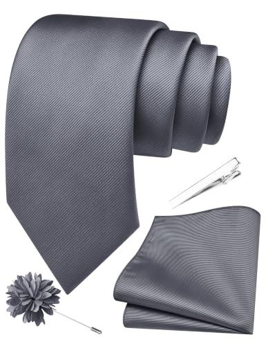 Image of Branduce 3.15 inch（8cm） Solid Formal Tie and Pocket Square Plain Necktie Lapel Pin and Tie Clip Set for Men