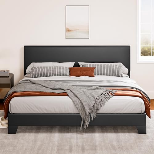 SHA CERLIN Black King Platform Upholstered Bed Frame with Faux Leather Adjustable Headboard,Wood Slats Support, No Box Spring Needed, Easy Assembly, Easy Clean Up