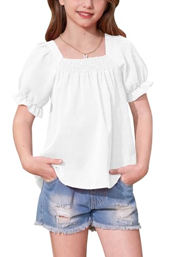 BesserBay Girls Summer Puff Sleeve Top Smocked Swiss Dot Ruffle Cuffs Blouse Spring Square Neck Shirt 6-14 Years