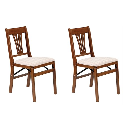 MECO Stakmore Urn Back Wooden Folding Chairs with Padded Seats, Set of 2 - No Assembly Foldable Dining Chairs, Steel Folding Mechanism, Upholstered Cushion, Space-Saving, Fruitwood Frame