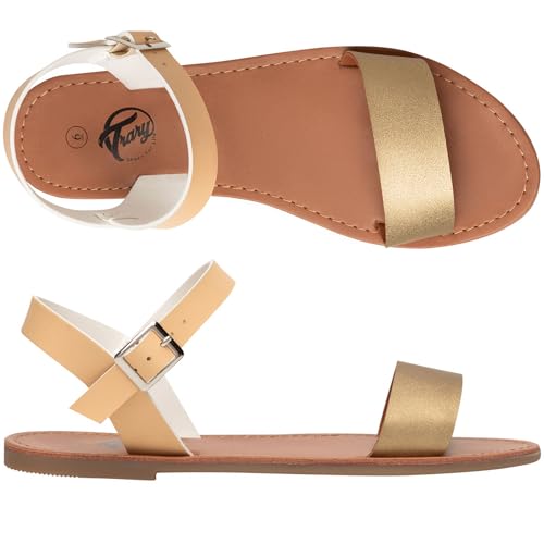 Image of Trary Women's Dressy Summer Leather Flat Ankle Strap Gladiator Open Toe One Band Two Tone Adjustable Metal Buckle Comfortable Wedding Sandals