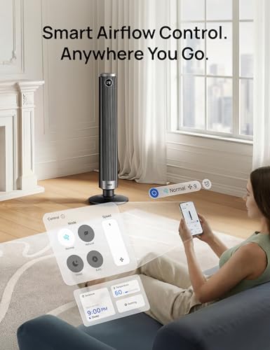 Image of DREO Smart Tower Fan for Bedroom, 40 inch-45 inch Adjustable Height, 28 ft /s Velocity, DC Motor, 9 Speeds, 4 Modes, 90Oscillating, Standing Fan, 20dB Quiet, 12H Timer for Home, Office, Google /Alexa, Black