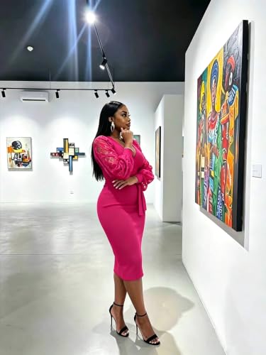 Image of BOGURST Semi Formal Church Dresses for Women Bishop Sleeve Sexy V Neck Bodycon Midi Dresses
