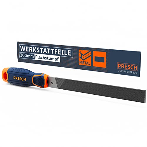 Presch Werkstattfeile Flachstumpf 200mm mit Kreuzhieb H2 - Dreiseitiger Hieb zum feilen rechtwinkliger Werkstücke aus Metall und Holz - Hochwertige Flachfeile