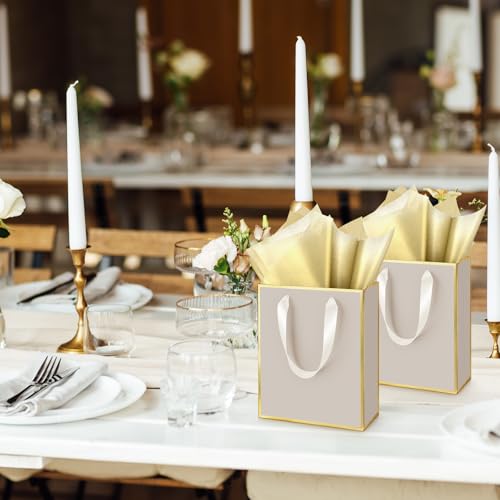 Image of Yeaqee 24 Pack Metallic Paper Gift Bags, Champagne, Gold | with Satin Ribbon Handle and Tissue, 9x7x3.1 Inch, Suit Business, Birthday, Christmas, Thank You Return Gifts Bags