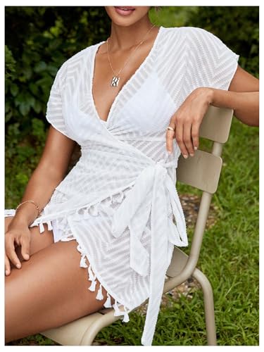 SweatyRocks Women's Fringe Sheer Wrap Beach Cover Up Dress Short Sleeve V Neck Swimsuit Coverup2