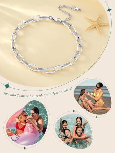 Image of FaithHeart Waterproof Ankle Bracelets for Women, 1 /2 /3Pcs Non Tarnish Stainless Steel Layered Anklet Set Paperclip Figaro Cuban Link Chain Dainty Summer Beach Jewelry Gift Adjustable Size