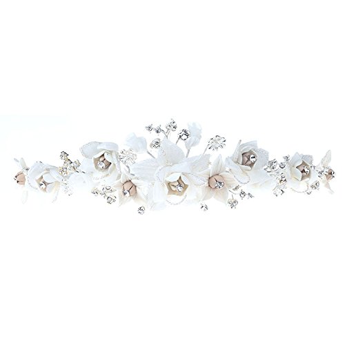 Wedding Bridal Ivory Flower Fabric Crystal Handmade Tiara T1336
