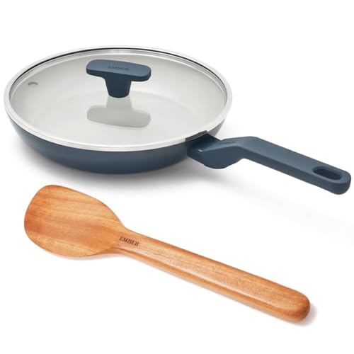 Ember Cookware Arcilla Ceramic Frying Pan 24cm | Non Stick Cookware | Non Toxic Pan with Glass Lid | ISI Certified | Ceramic Fry Pan for Cooking | 1x Spatula | PFAS PTFE Free | Pan for Kitchen | Blue