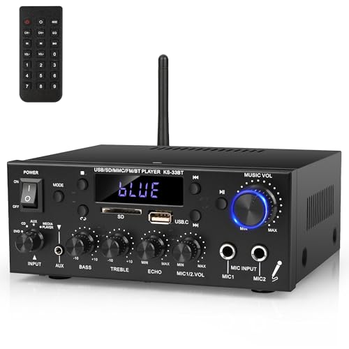 Romica Stereo Audio Amplifier, 2 Channel 500W Bluetooth 5.0 Home Theater Power Amplifier with FM, Echo, AUX, USB, SD, MIC Inputs, HiFi AMP for Passive Speakers and Active subwoofer