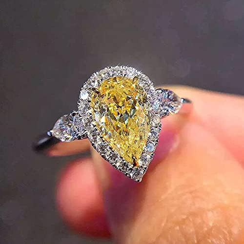 925 Silver Super Flash Simple Yellow Water Drop Pear-Shaped Zircon Ring Heart-Shaped Yellow Zircon Ring Found Diamond Ring Found Female Jewelry Earrings (US Code 8)