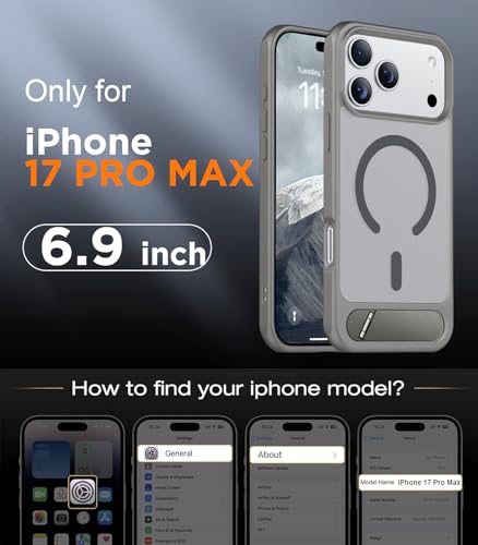 Image of Designed for iPhone 17 Pro Max Case, [Built-in Invisible Kickstand][Compatible with MagSafe][Military Grade Shockproof] Slim Translucent Matte Phone Case 6.9 inch (Gray)