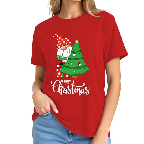 Image of Merry Christmas Shirts for Women - Xmas Bow Short Sleeve Festive Holiday Pink Ribbon Tee Tops