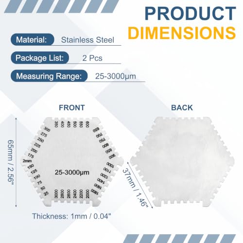 Combas de Espesor de Película Húmeda Hexagonales HARFINGTON, 2 piezas, rango 25-3000 μm, precisión alta, acero inoxidable, para pinturas, resinas y barnices, color plateado miniatura 2