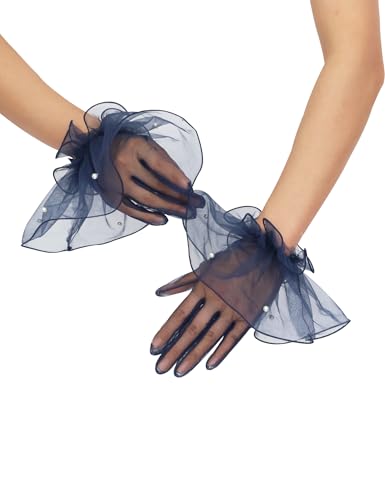 QRBTSCL Womens Short Mesh Gloves Ruffled Tulle Tea Party Gloves for Formal Costume Evening Wedding Party Navy