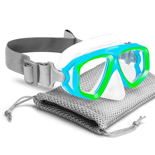 OMGear Kids Swim Goggles with Nose Cover Fabric Strap Dive Snorkel Mask for Children(4-16) Youth Snorkeling Gear Silicone Swimming Mask Anti-Scratch Anti-Fog Tempered Glass Lens(Blue/Green)