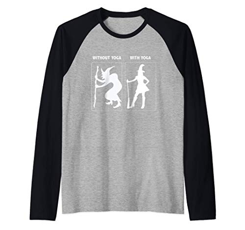 Divertida Bruja Yoga Halloween Posturas Clase Fiesta Camiseta Manga Raglan