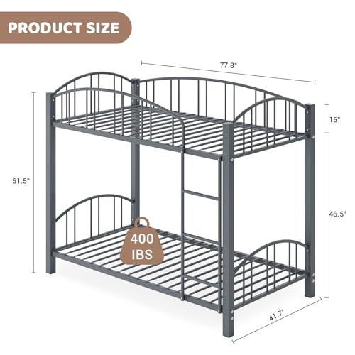 Bunk Bed Twin Over Twin with Stairs and Arched Guardrail, Sturdy Metal Slats Support, Space Saving, Noise Free, No Box Spring Needed, Ideal for Kid Room and Dorm, Matte Gray