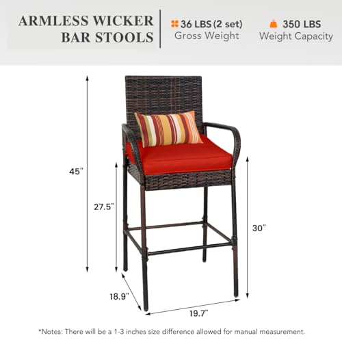 Image of Sundale Outdoor Wicker Bar Stool Set of 6, Patio Counter Height Pub Chair with Arms, High Top Rattan Barstool, Cushion Beige, All-Weather Outdoor Rattan Furniture (Brown&Red, Small Seat - 6 Stools)