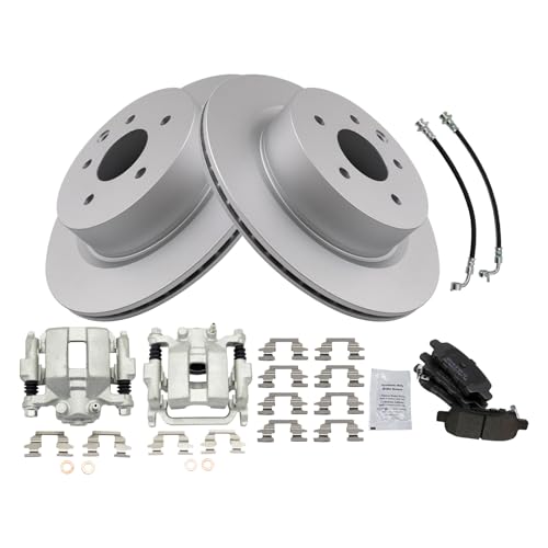 Image of TRQ Rear Brake Pad and Rotor Set Semi Metallic Coated Rotors Calipers Compatible with 2005-2007 Infiniti G35 2006-2008 Nissan 350Z