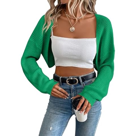 MURMUREY Womens Long Sleeve Open Front Knit Crop Bolero Cardigan Sweater Shrug for Dress 2024 Green Cover