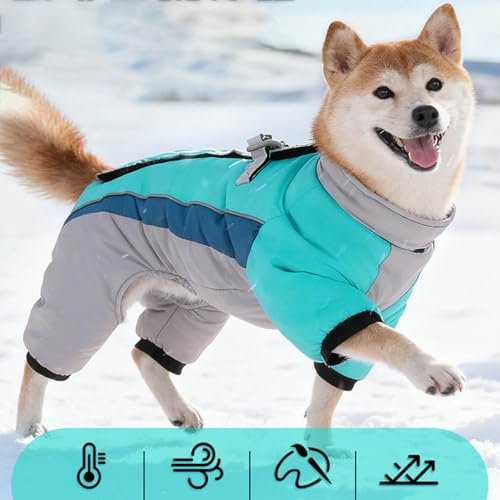 Hunde Wintermantel Winter-Schneeanzug mit Geschirr, Warmer Fleece-Hunde-Schneeanzug mit Integriertem Geschirr, wasserdicht, Winddicht, Welpenpuffer mit 4 Beinen, Rollkragen, kaltes Wetter