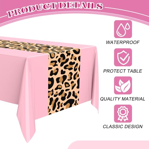 Image of Buryeah Leopard Print Tablecloth 54 x 108'' Leopard Plastic Table Cover Disposable Safari Animal Cheetah Print Party Decorations for Baby Shower Wedding Birthday Party Favors (Pink,3 Pcs)