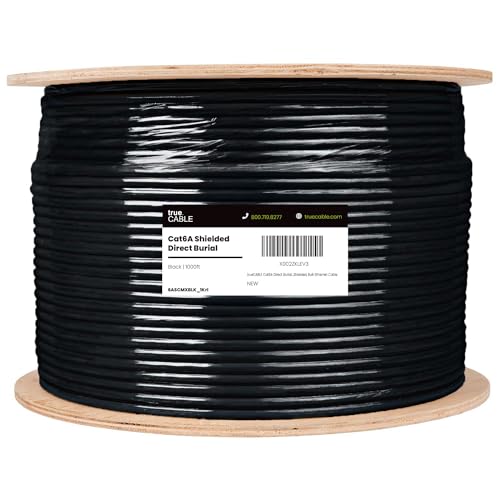 Image of trueCABLE Cat6A Direct Burial, Shielded FTP, 1000ft, Waterproof, Outdoor Rated CMX, Black, 23AWG Solid Bare Copper, 750MHz, PoE++ (4PPoE), ETL Listed, Bulk Ethernet Cable