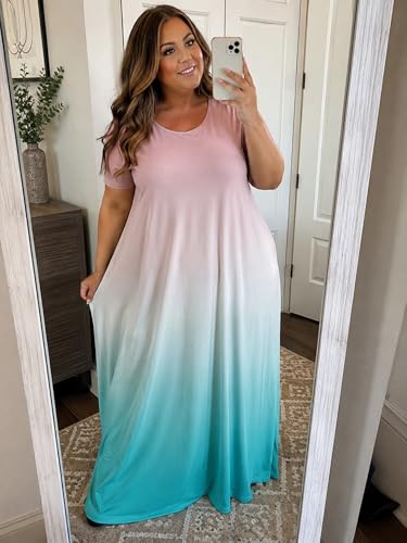 Image of PinkPatty Women's Plus Size Maxi Dresses Short Sleeve Sundress Summer T-Shirt Beach Long Dress with Pockets
