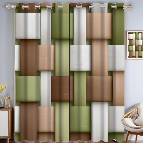 MLSOWM Cortinas Opacas Tableros De Madera Tejidos Cortinas Termicas Aislantes Frio y Calor Ventana Tejido A Mano con Ojales para Salon Habitacion Comedor, 2 Piezas117An x 137Al cm, Verde Oliva