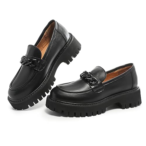 Image of Chunky Loafers Women Platform Loafers for Women Chunky Heel Lug Sole Loafers for Women Slip ons Round Toe