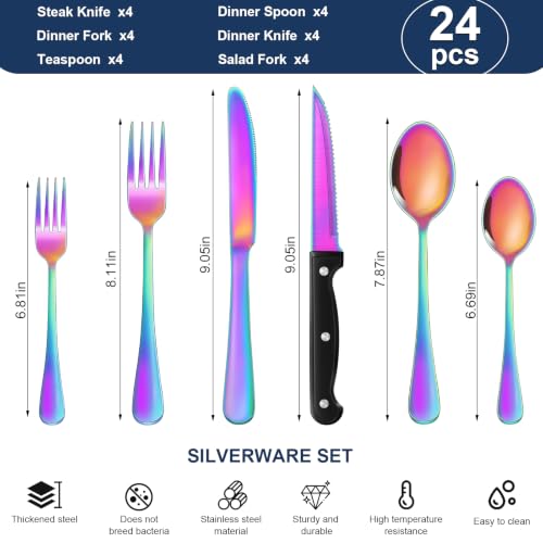 Image of 24-Piece Rainbow Silverware Set with Steak Knives Black Stainless Steel Flatware Set for 4 Food Grade Tableware Cutlery Set Rust-proof, Mirror Polished, Dishwasher Safe