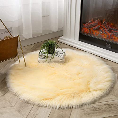 Latepis Yellow Round Rug 3ft Small Circle Faux Sheepskin Fur Rug Fluffy Boho Plush Rug Cute Furry Rugs for Bedroom Cushion Home Decor