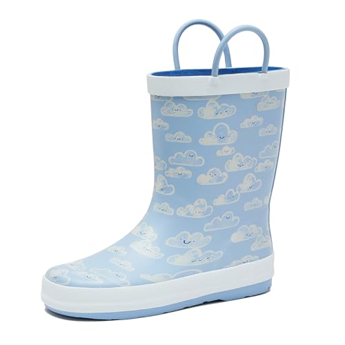 Lands' End Boys and Girls Waterproof Boots Kids and Toddler Rain Boots - Girls and Boys Rubber Rain Boots Kids - Light Blue Clouds, 1 Little Kid