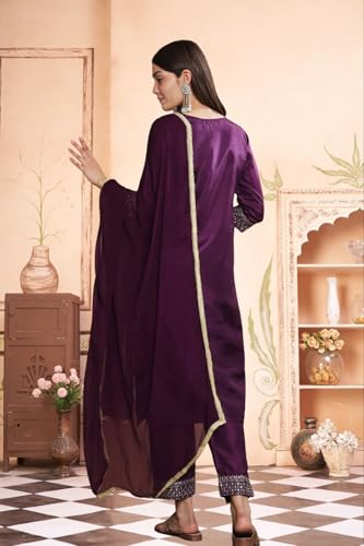 Image of LookMark Women's Silk Blend Embroidered Kurti Set with Bottom and Dupatta |Kurta Set for Women