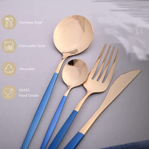 Image of aDai Premium Gold SUS304 Stainless Steel Cutlery Set - 8 Spoons, 4 Fork, 4 Steak Knife - Mirror Finish Dinnerware Flatware (Blue - Set of 16)