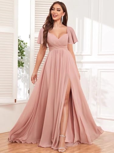 VCCICANY Chiffon Bridesmaid Dresses for Women Flutter Sleeve Pleated V Neck Long Formal Evening Gowns with Slit3