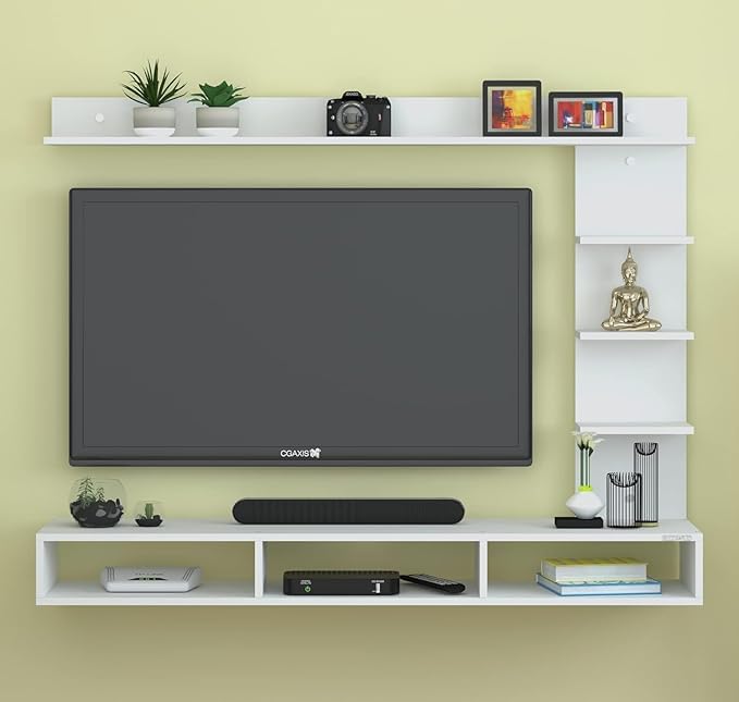 Image of Anikaa Tyron Engineered Wood Wall Mount TV Unit /TV Stand /Wall Set Top Box Stand /TV Cabinet /TV Entertainment Unit with LED Light (White)(Ideal for Upto 42 inch)(D.I.Y)