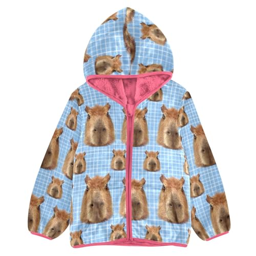 Aflyko Girls Warm Coat Capybara Plaid Blue Cute Zip-Up Hoodie Fleece Outerwear Kids Pink Hooded Jacket Children's Fashion Lovely Sweatshirt, 7-8T
